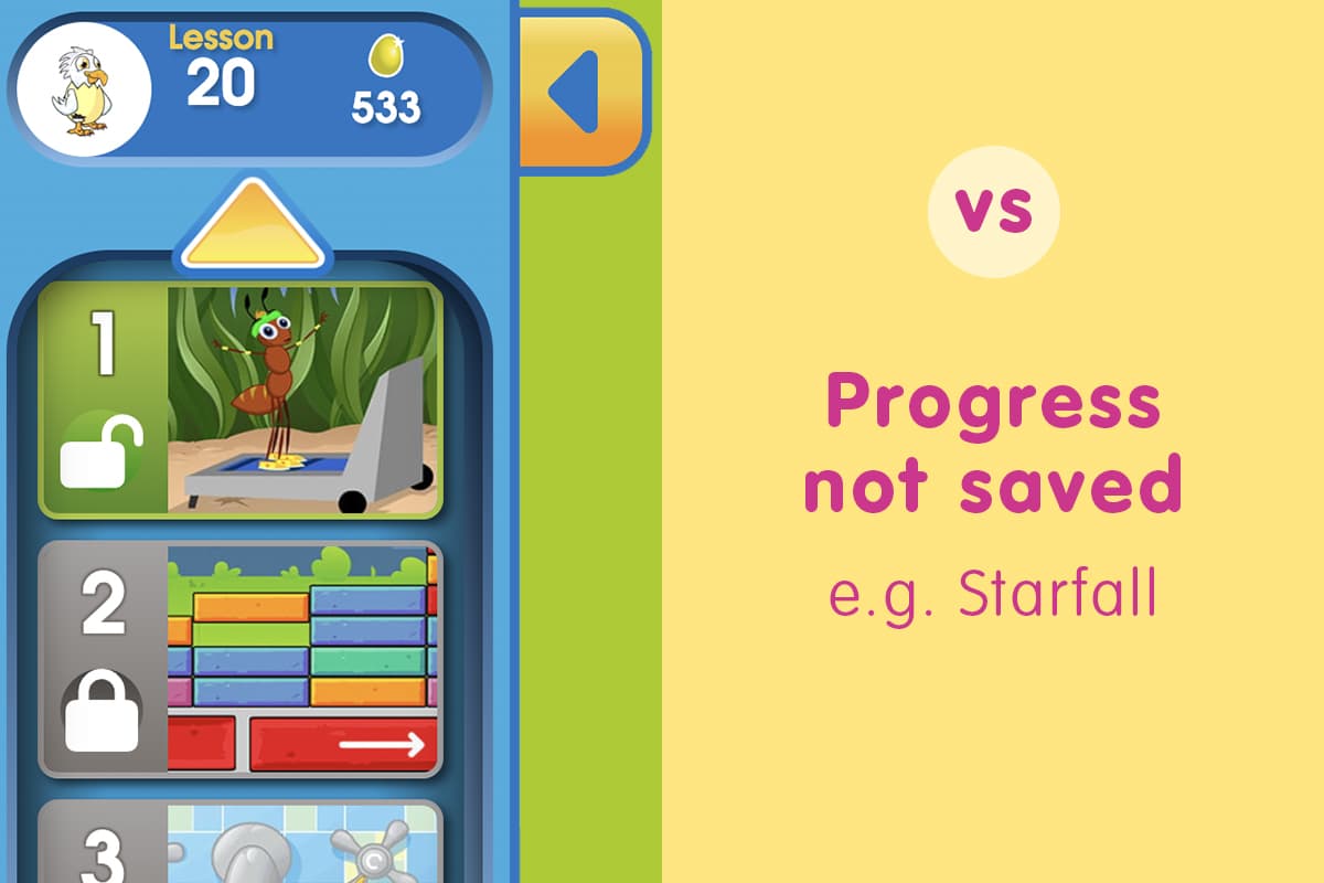 ABC Reading Eggs vs Starfall - ABC Reading Eggs remembers your child's progress