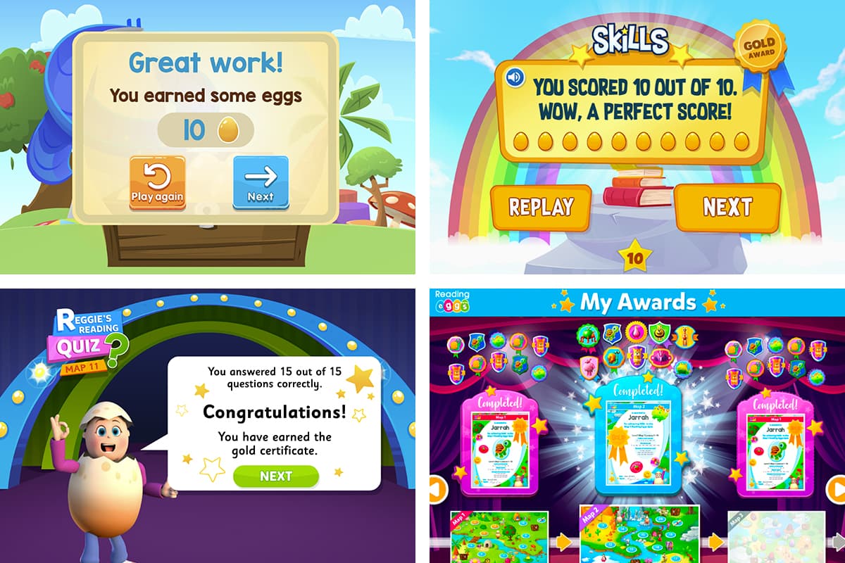Screenshots of the multi-faceted rewards system in ABC Reading Eggs that builds confidence and motivates children to continue learning