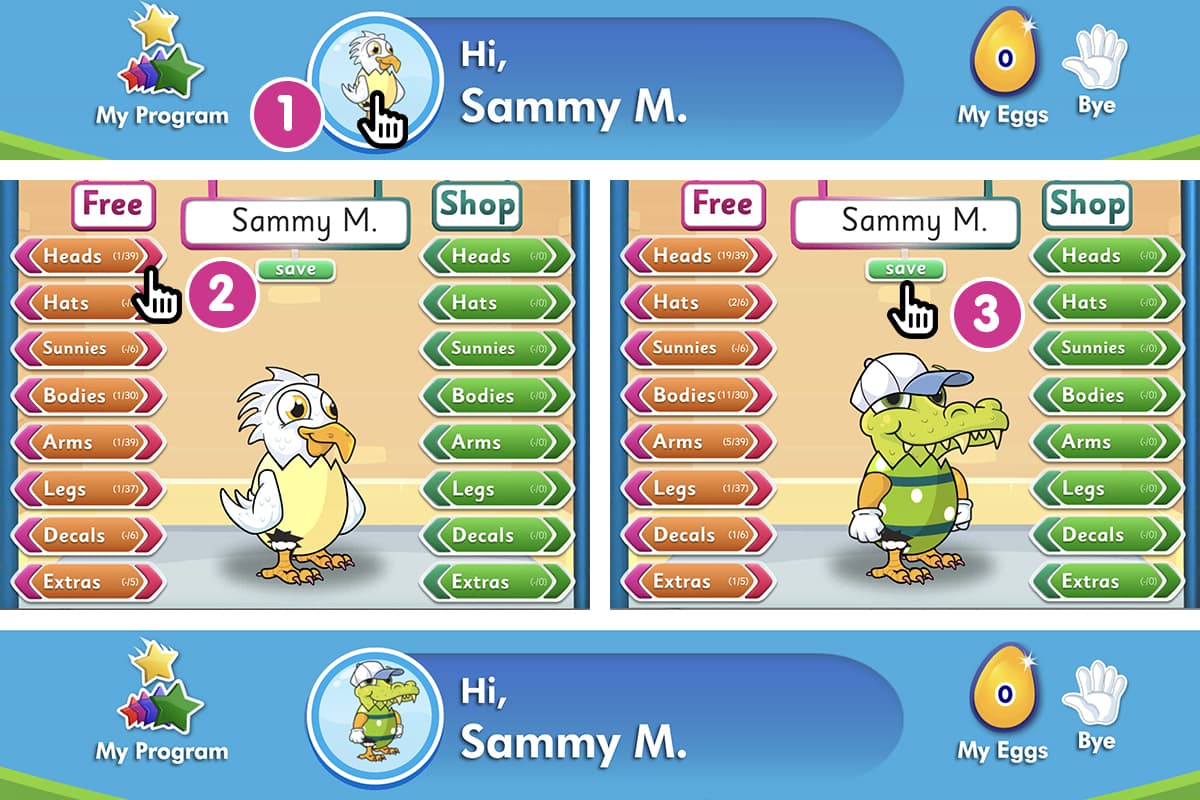 children can change their avatar in ABC Reading Eggs in three simple steps