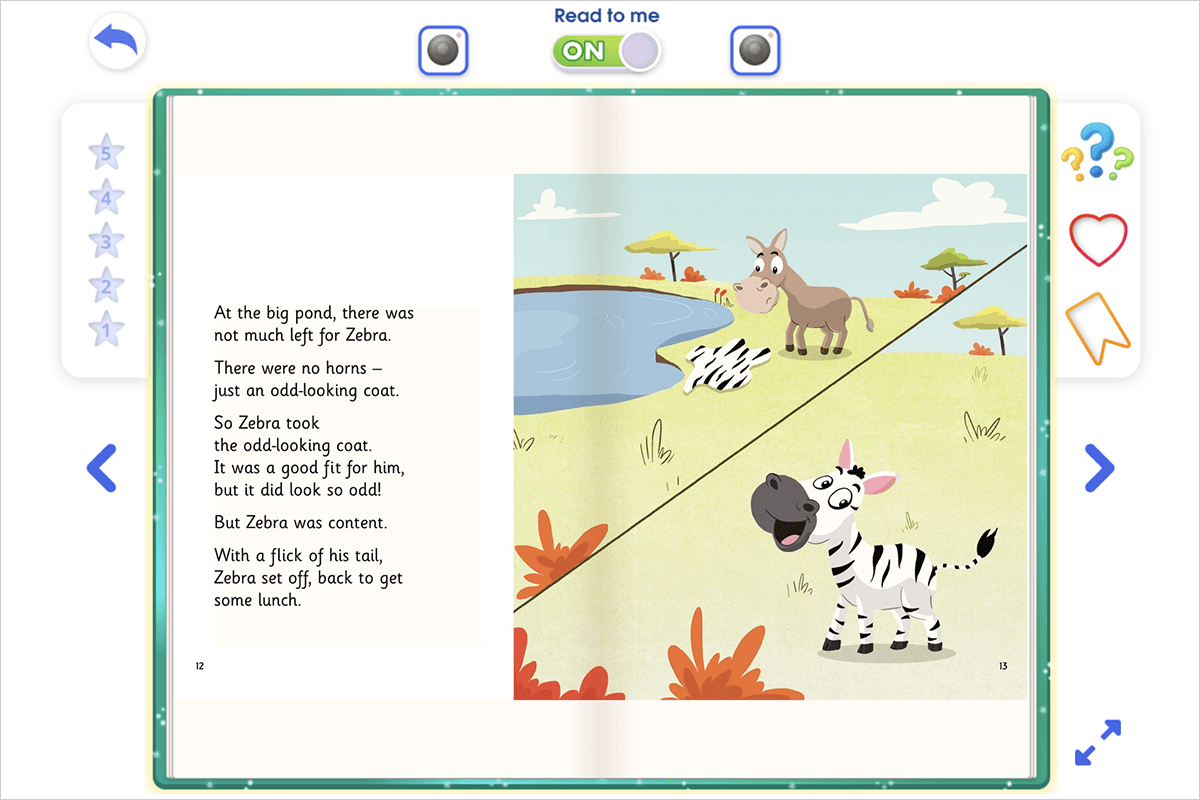 Screenshot of an ABC Reading Eggs read-aloud book about a zebra