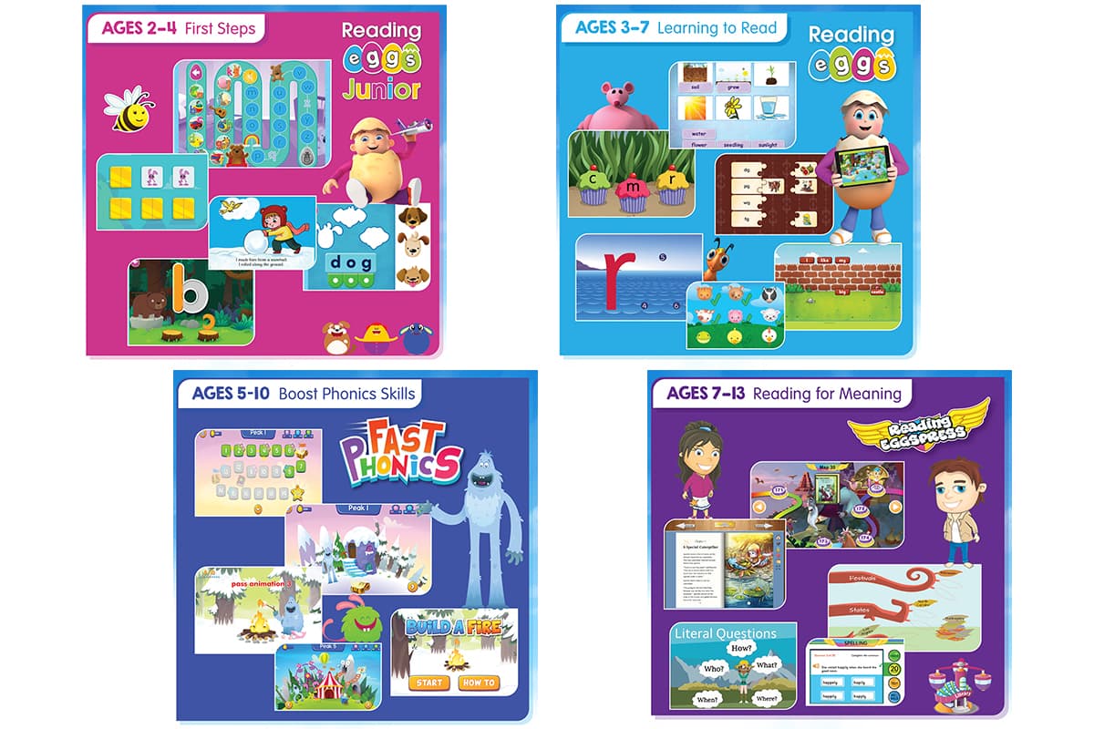 the ABC Reading Eggs suite of programs for ages 2–13 teach phonological awareness through to phonics, reading fluency and advanced comprehension skills