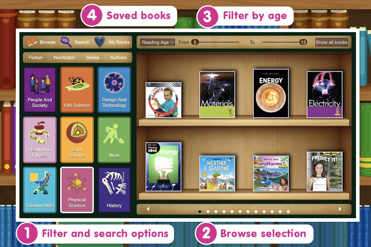 Screenshot of the ABC Reading Eggs Library with a bookshelf of children's nonfiction books