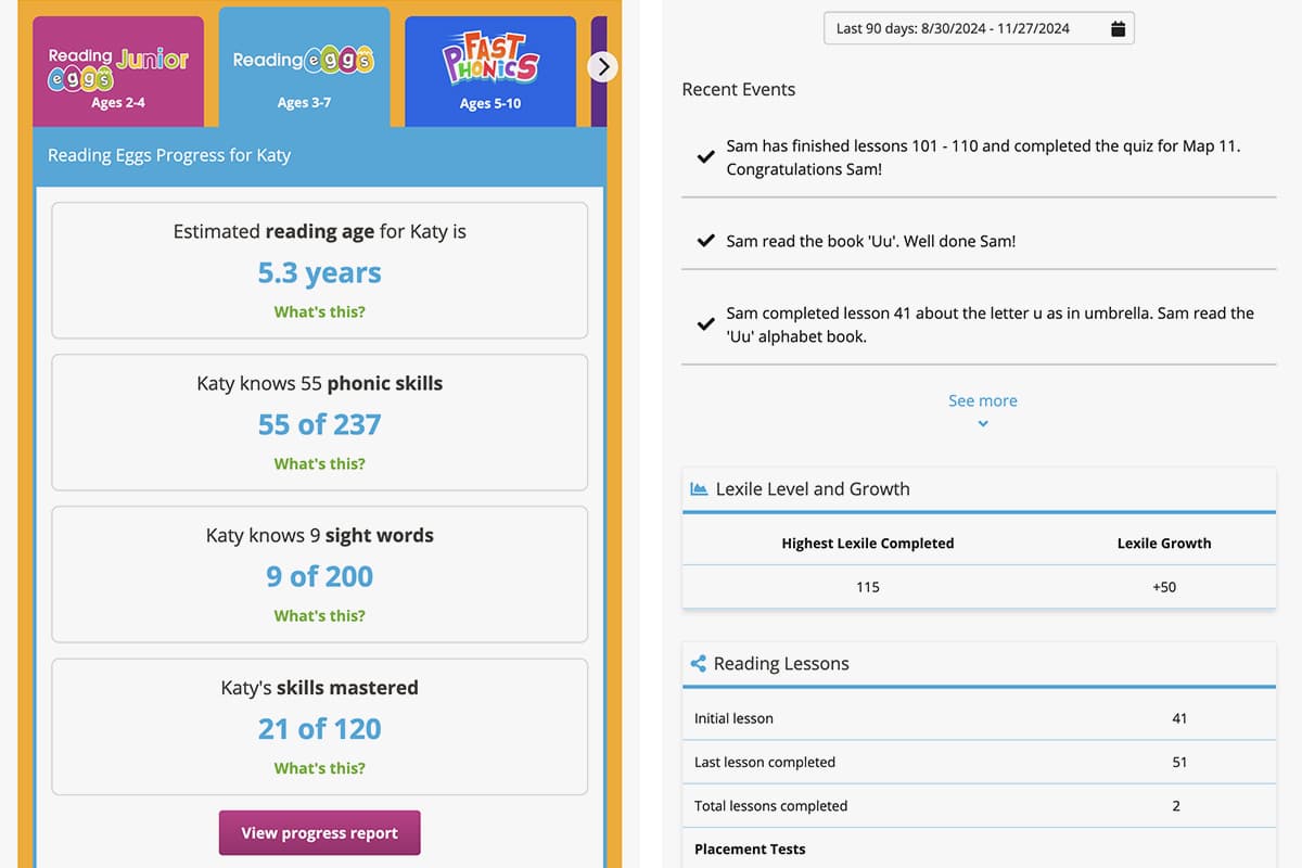 The ABC Reading Eggs progress reports help homeschoolers overcome the challenge of homeschooling multiple children studying a range of subjects at different academic levels