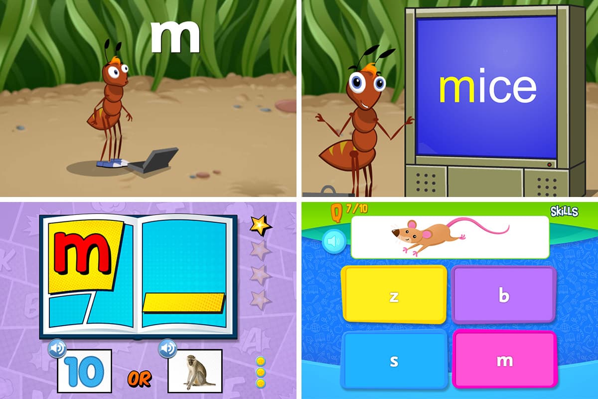 Screenshots of phonics lessons in ABC Reading Eggs
